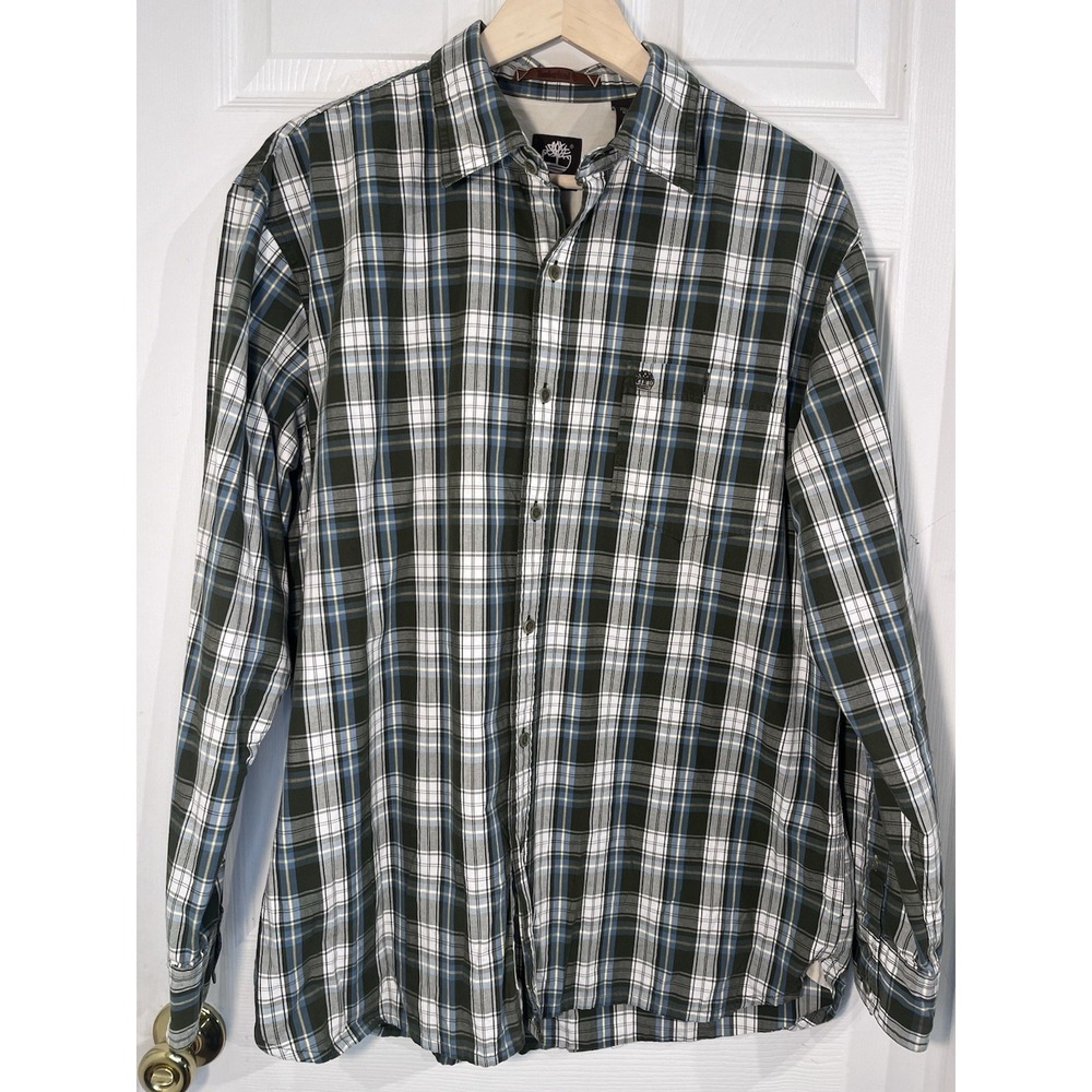 Timberland Plaid‎ Shirt Mens Large Green Blue Cotton Button Down Logo